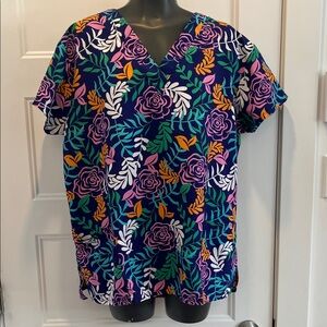 Floral V-Neck Scrub Top - Navy with Multicolor Print